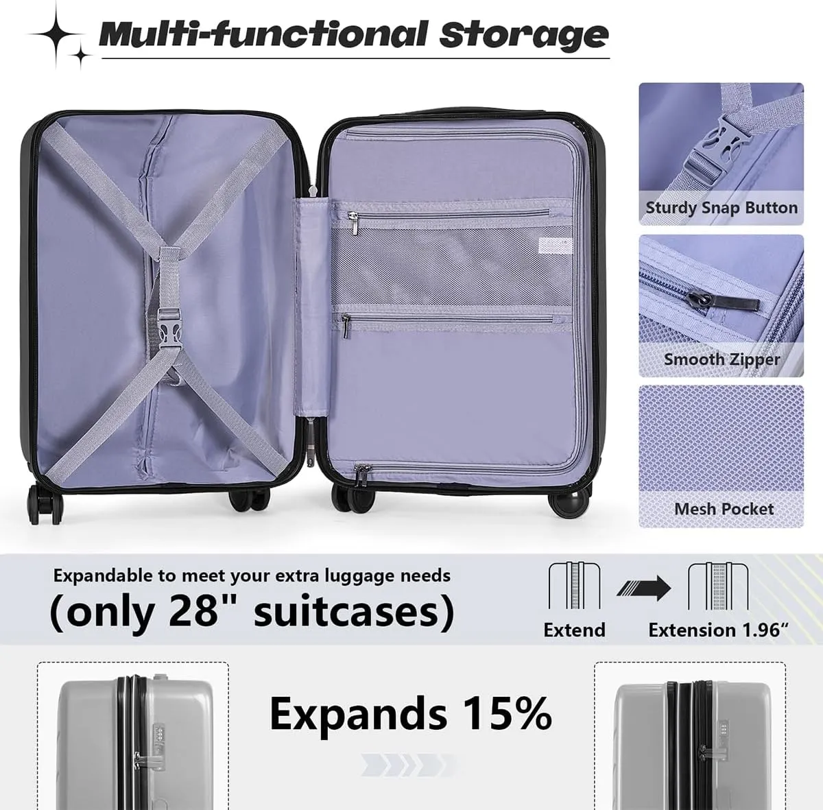 AnyZip Luggage Set 2 Piece Suitcase Set Carry On with Pocket Compartment ABS PC Spinner Wheels TSA Lock