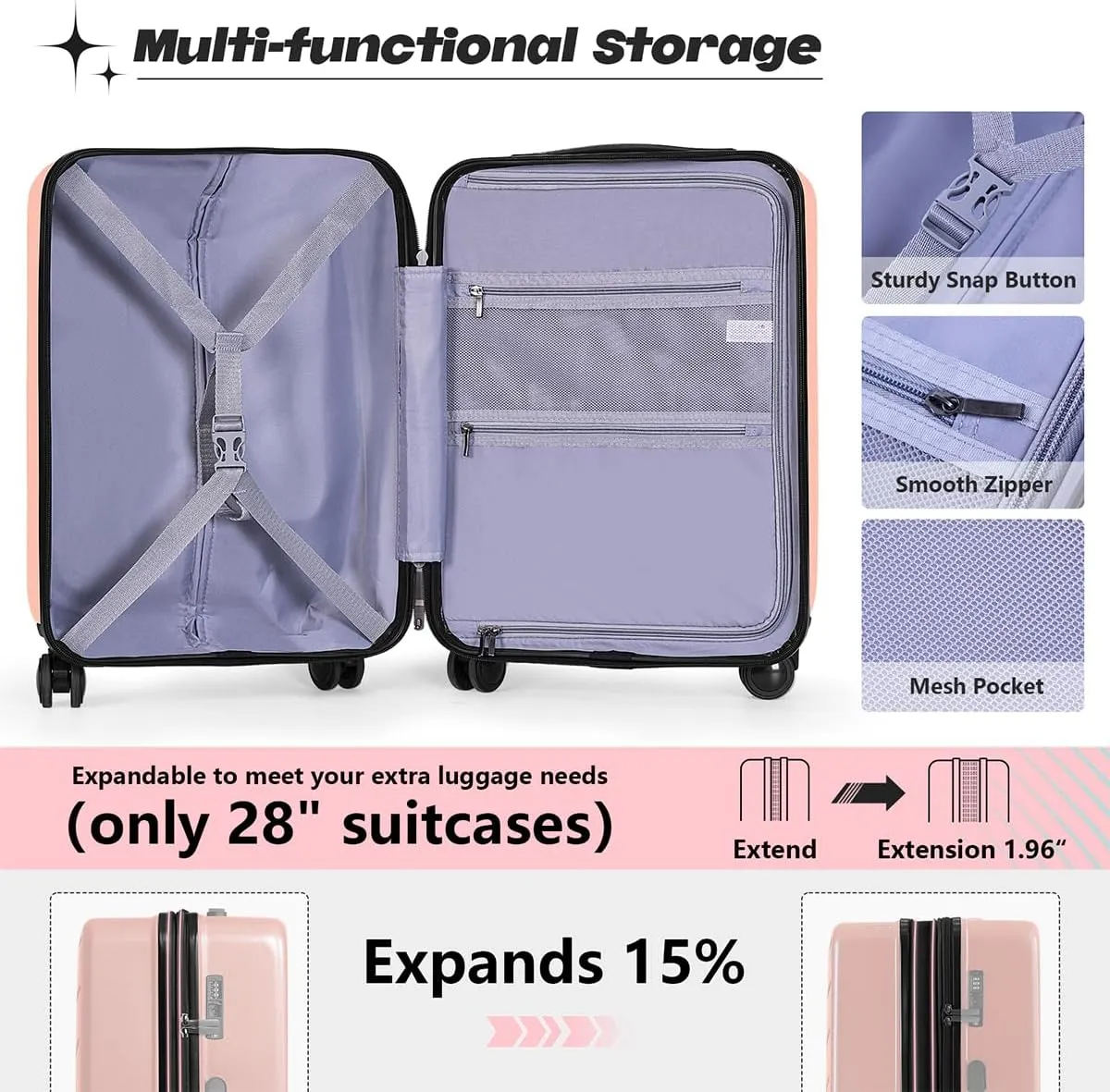 AnyZip Luggage Set Carry On Luggage Expandable (only 28") Suitcase with Compartment (only 20") PC ABS Spinner 20in 24in 28in Carry on Suitcase
