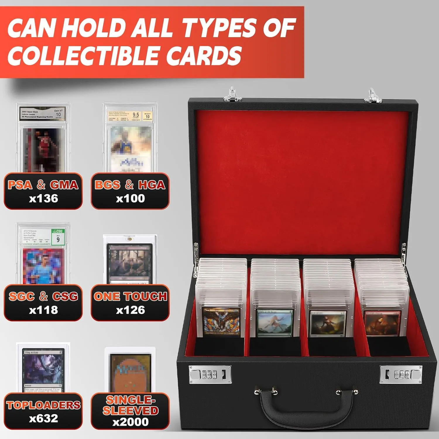 AOBOPLE Graded Card Storage Box,Holds 136  PSA/GMA Slab or 632  Toploaders,4 Row PSA Slab Case for Graded Cards Fits 3"x4" 35pt Cards,Compatible with BGS/HGA/SGC/CSG Slab Cases