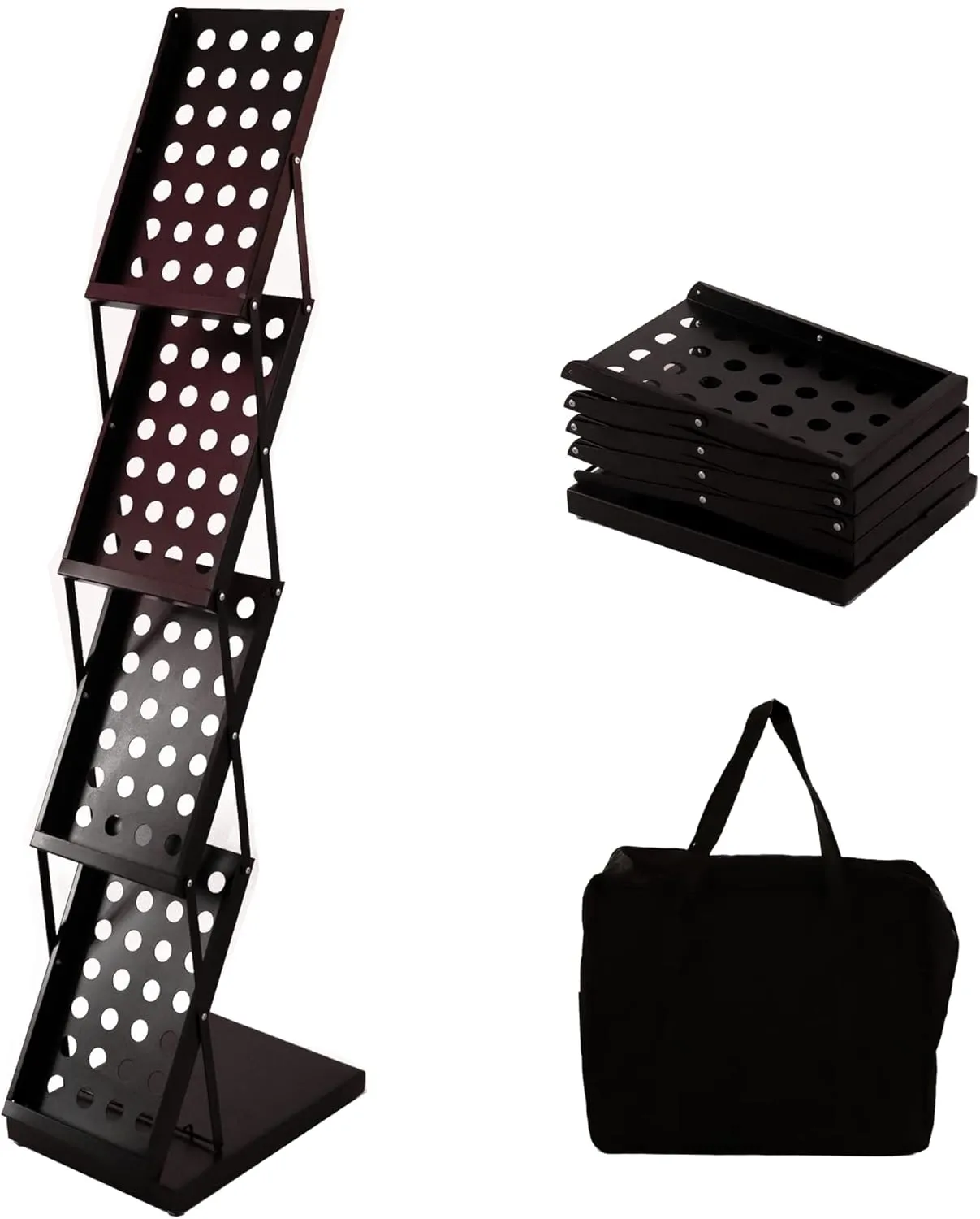 ARNOTEKS Foldable Brochure Display Stand Magazine Catalog Literature Rack Portable 4 Pockets with Carrying Bag，Stable Not Easy to Deform for Exhibitions Trade Show and Office Retail Store（Black）