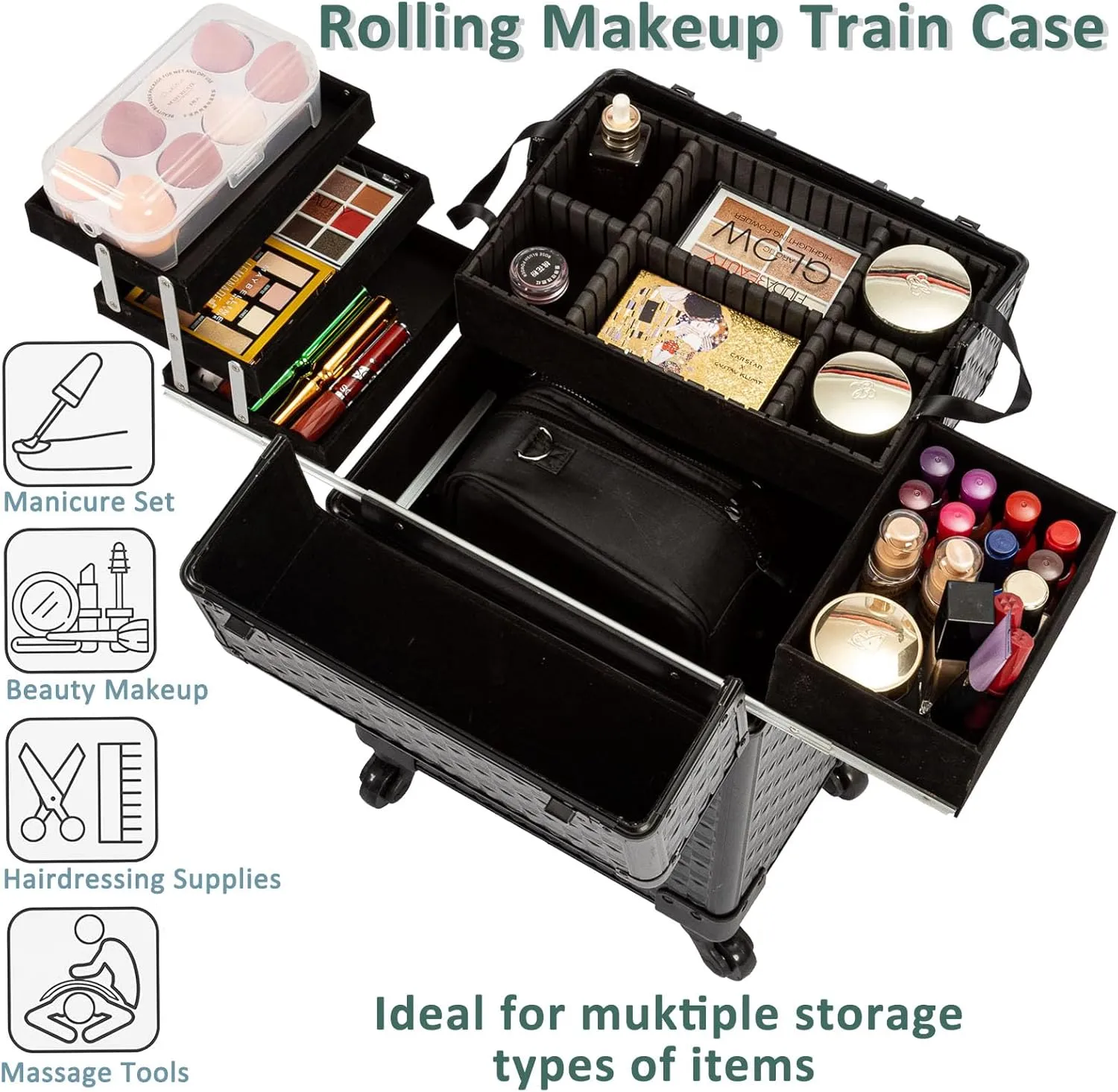 AROUS Rolling Makeup Train Case, Large Storage Cosmetic Trolley 4 Tray with 360° Swivel Wheels Keys, Large Storage Traveling Cart Trunk, Cosmetic Train Cases for Nail Technicians Hairstylist, Black