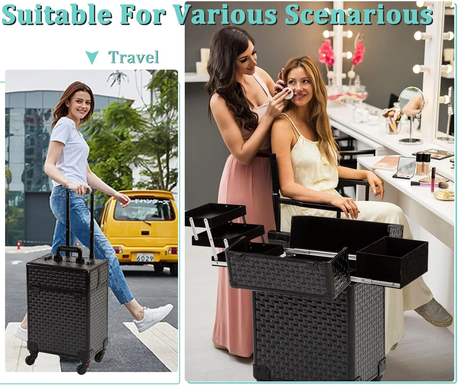 AROUS Rolling Makeup Train Case, Large Storage Cosmetic Trolley 4 Tray with 360° Swivel Wheels Keys, Large Storage Traveling Cart Trunk, Cosmetic Train Cases for Nail Technicians Hairstylist, Black