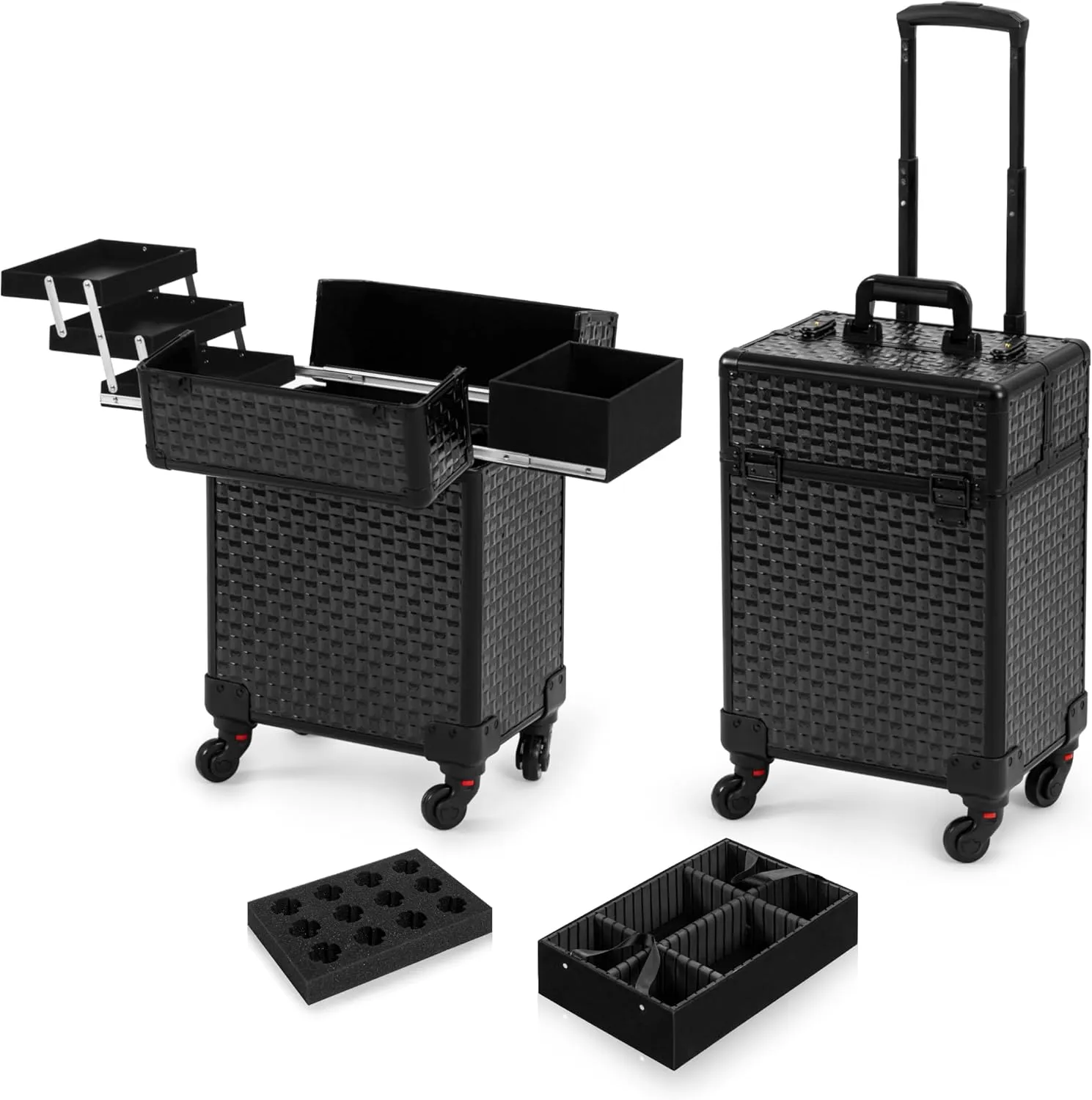 AROUS Rolling Makeup Train Case, Large Storage Cosmetic Trolley 4 Tray with 360° Swivel Wheels Keys, Large Storage Traveling Cart Trunk, Cosmetic Train Cases for Nail Technicians Hairstylist, Black