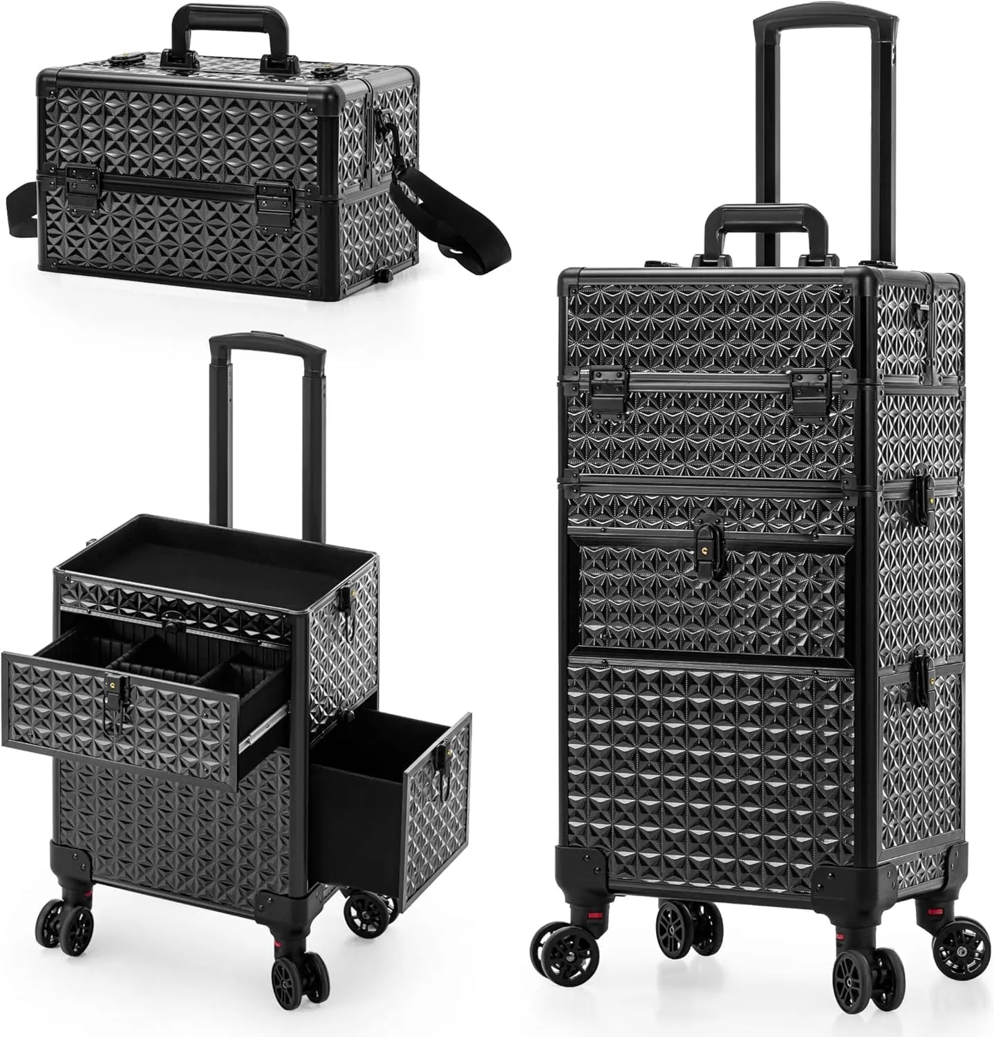AROUS Rolling Makeup Train Case on 2 Large Drawer, Multi-functional Cosmetic Trolley with 360° Swivel Wheels Keys, Large Storage Traveling Cart Trunk, Train Cases for Nail Technicians Hairstylist