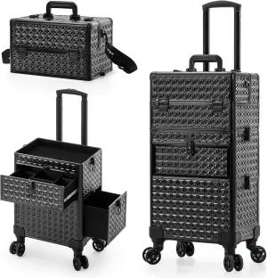 AROUS Rolling Makeup Train Case on 2 Large Drawer, Multi-functional Cosmetic Trolley with 360° Swivel Wheels Keys, Large Storage Traveling Cart Trunk, Train Cases for Nail Technicians Hairstylist