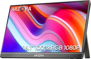 ARZOPA 16.1" Portable Monitor, 100% sRGB FHD 1080P Kickstand Portable Laptop Monitor High Color Gamut Display IPS Eye Care Screen for High-end Office & Entertainment -Z1C