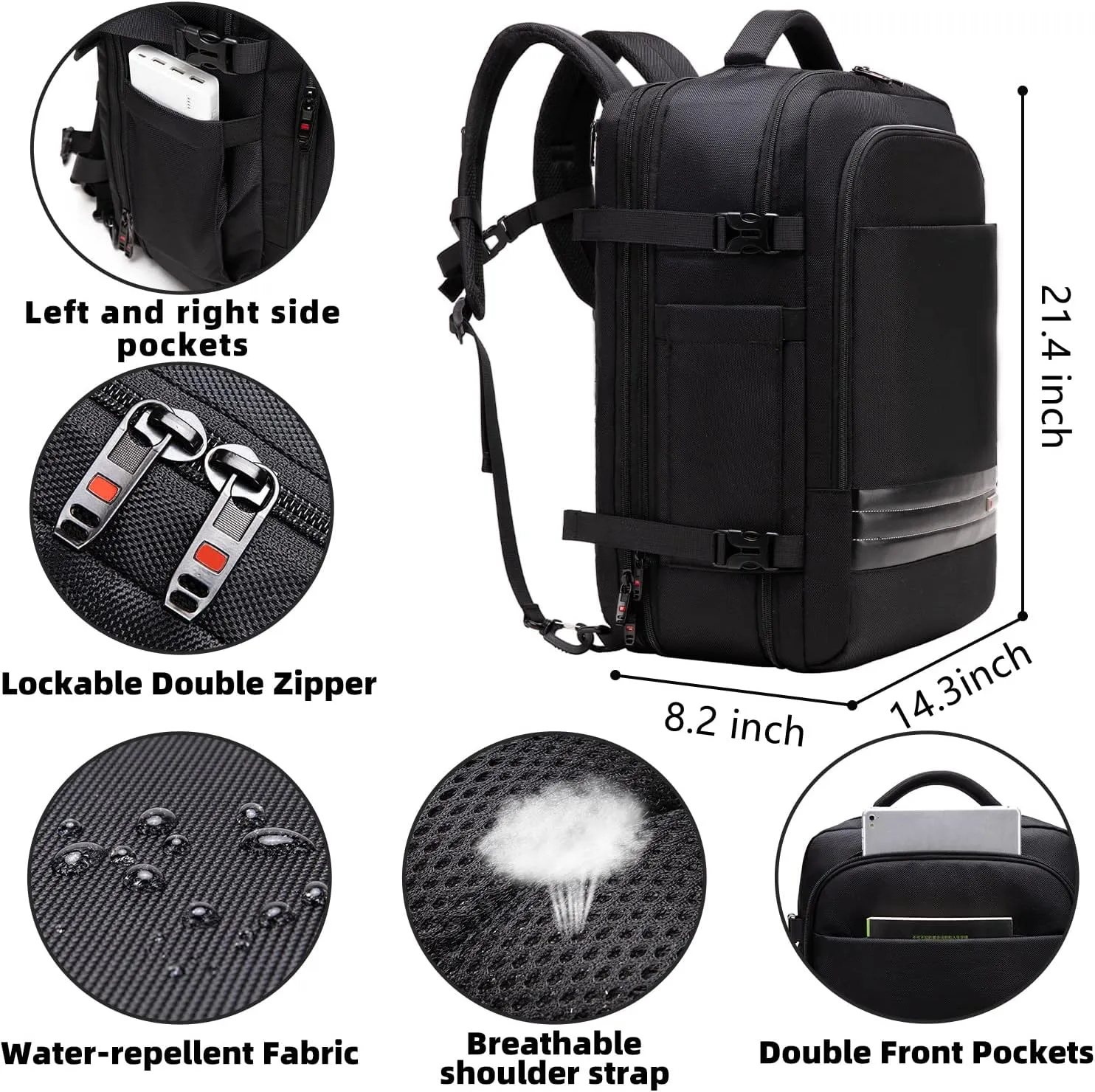 Asenlin Travel Backpack for Women Men，40L-50L Expandable Carry on Backpack，17 Inch Water Resistant Laptop Backpack for Weekender Overnight Extre Large Backpack-Black