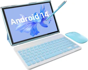 ATOZEE 10 in Tablet 2 in 1 Android 14 Tablets with Keyboard 10 inch Tabletas, Include Mouse Stylus Pen Case, 6000mAh 6GB 32GB ROM 1TB Expandable Tableta, 2MP 8MP Dual Camera, WiFi-6 BT Tablet PC.