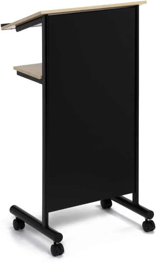 Audio-Visual Direct Wheeled Lectern - Standing Desk with Storage Shelf - Beech/Black - Ideal for Presentations and Laptop Use