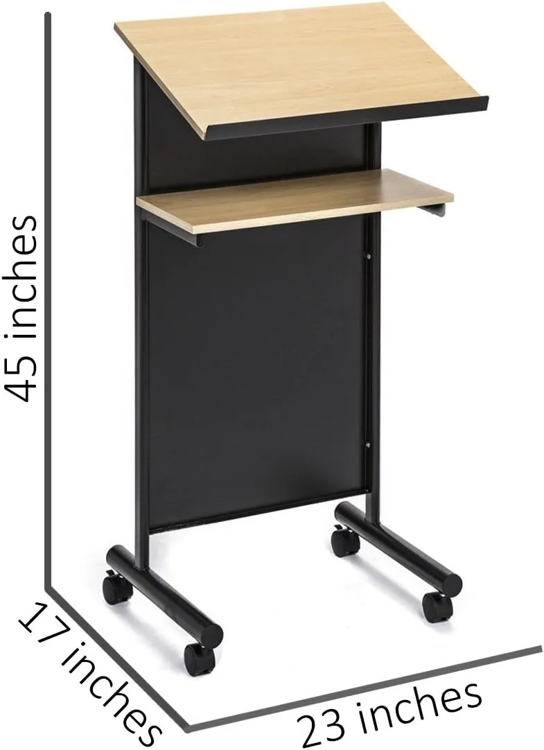 Audio-Visual Direct Wheeled Lectern - Standing Desk with Storage Shelf - Beech/Black - Ideal for Presentations and Laptop Use