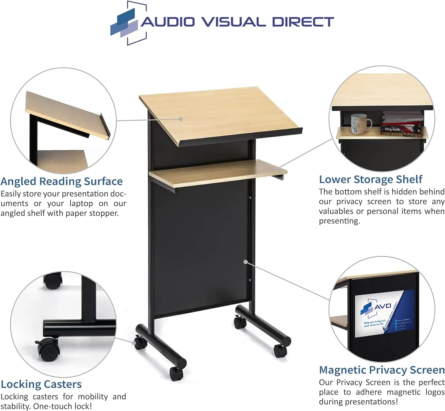 Audio-Visual Direct Wheeled Lectern - Standing Desk with Storage Shelf - Beech/Black - Ideal for Presentations and Laptop Use