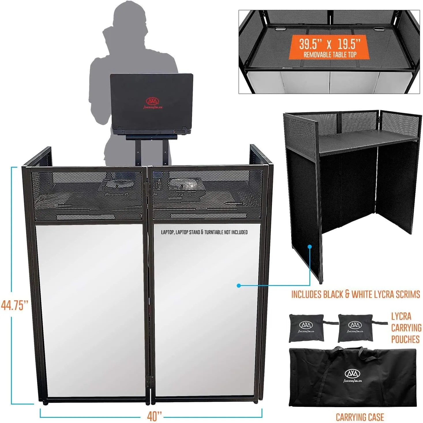 AxcessAbles Portable DJ Facade Booth with Black and White Lighting Scrims, Carry Cases | Standing DJ Table - 40" x 20" | DJ Controller Stand | Recording Mixer Stand| DJ Booth (ES-01)
