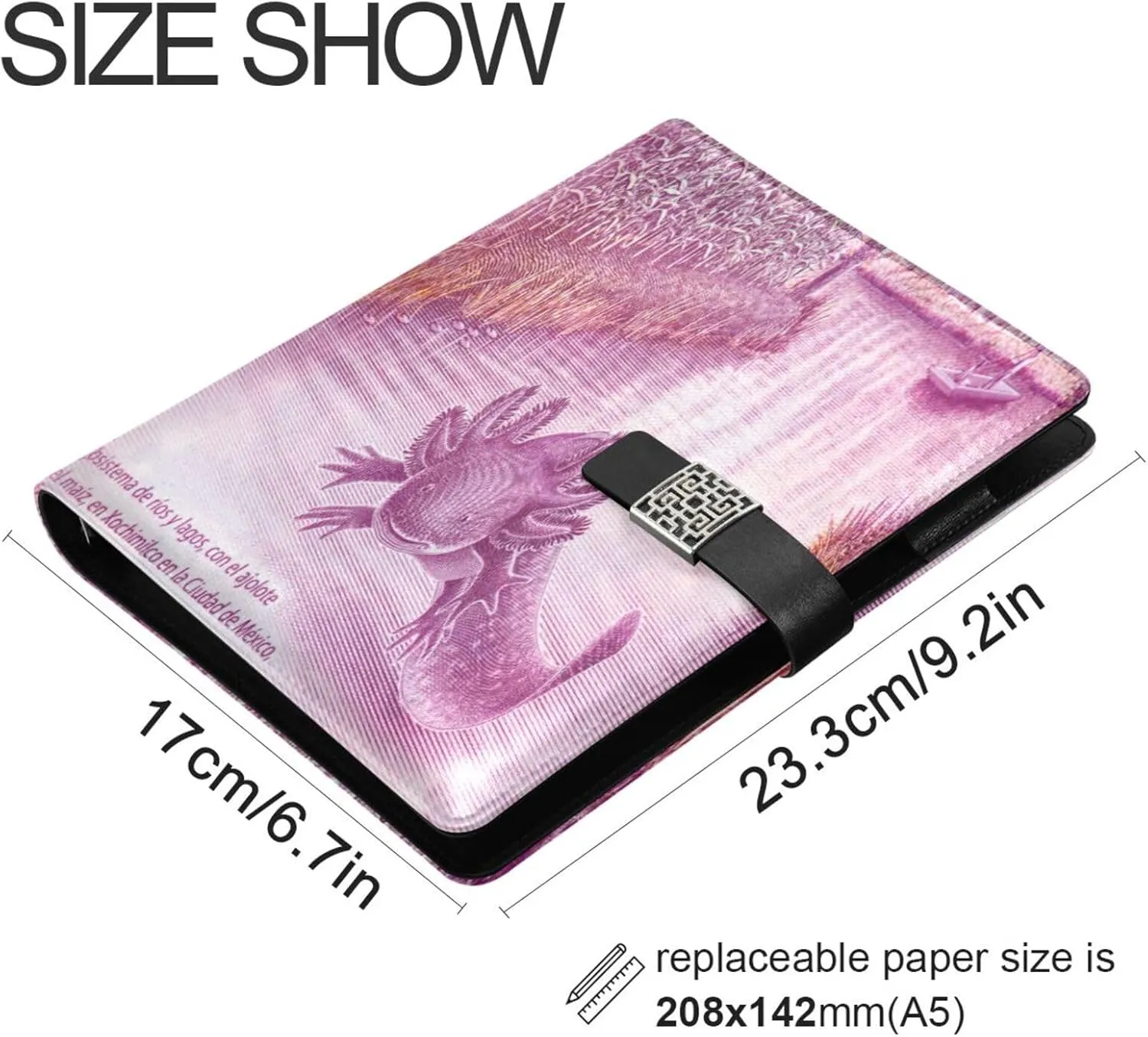 Axolotl A5 Binder 6 Ring Refillable PU Leather Notebook Journal with Magnetic Buckle Closure Loose Leaf Travel Office Planner Budget Binder Notepad Portfolio, Riparian and Lake