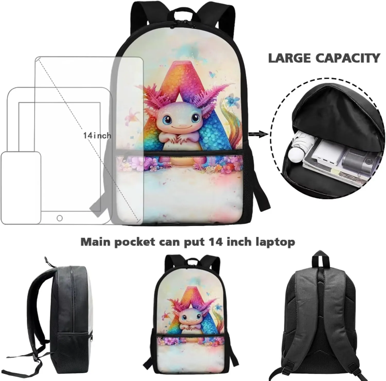 Axolotl Backpack for Kindergarten Girls Letter Bookbag for Girls with Lunch Box Cute Schoolbag Bag Pack Back to School Daycare Rucksack Satchel
