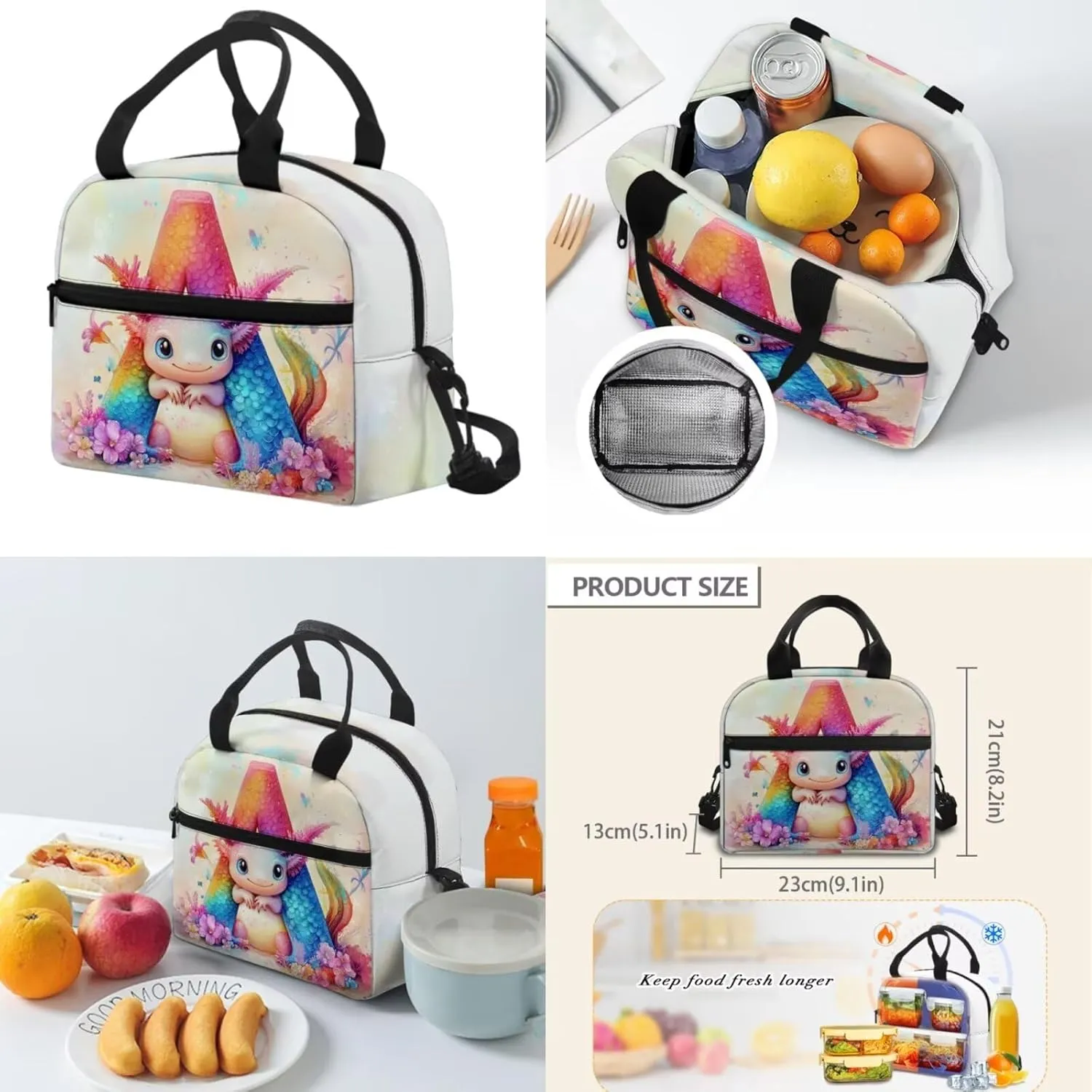 Axolotl Backpack for Kindergarten Girls Letter Bookbag for Girls with Lunch Box Cute Schoolbag Bag Pack Back to School Daycare Rucksack Satchel