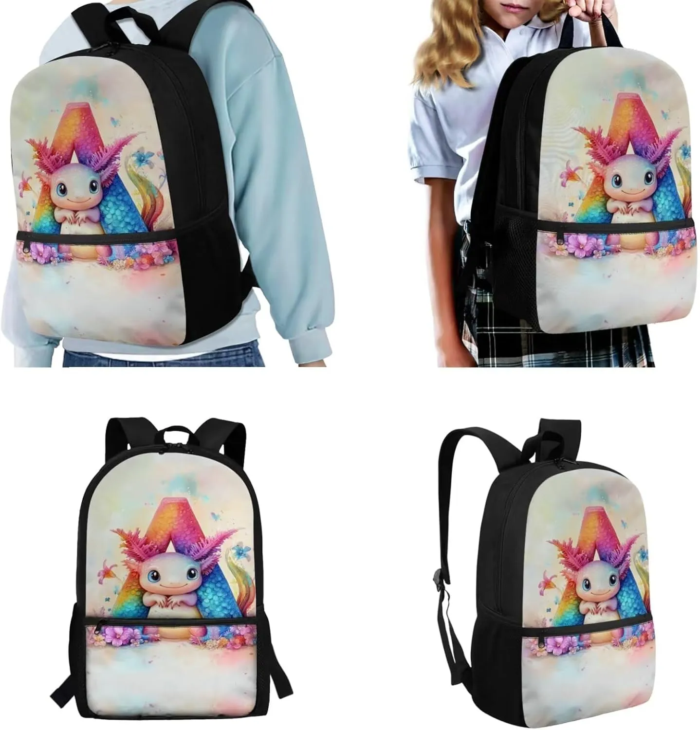 Axolotl Backpack for Kindergarten Girls Letter Bookbag for Girls with Lunch Box Cute Schoolbag Bag Pack Back to School Daycare Rucksack Satchel