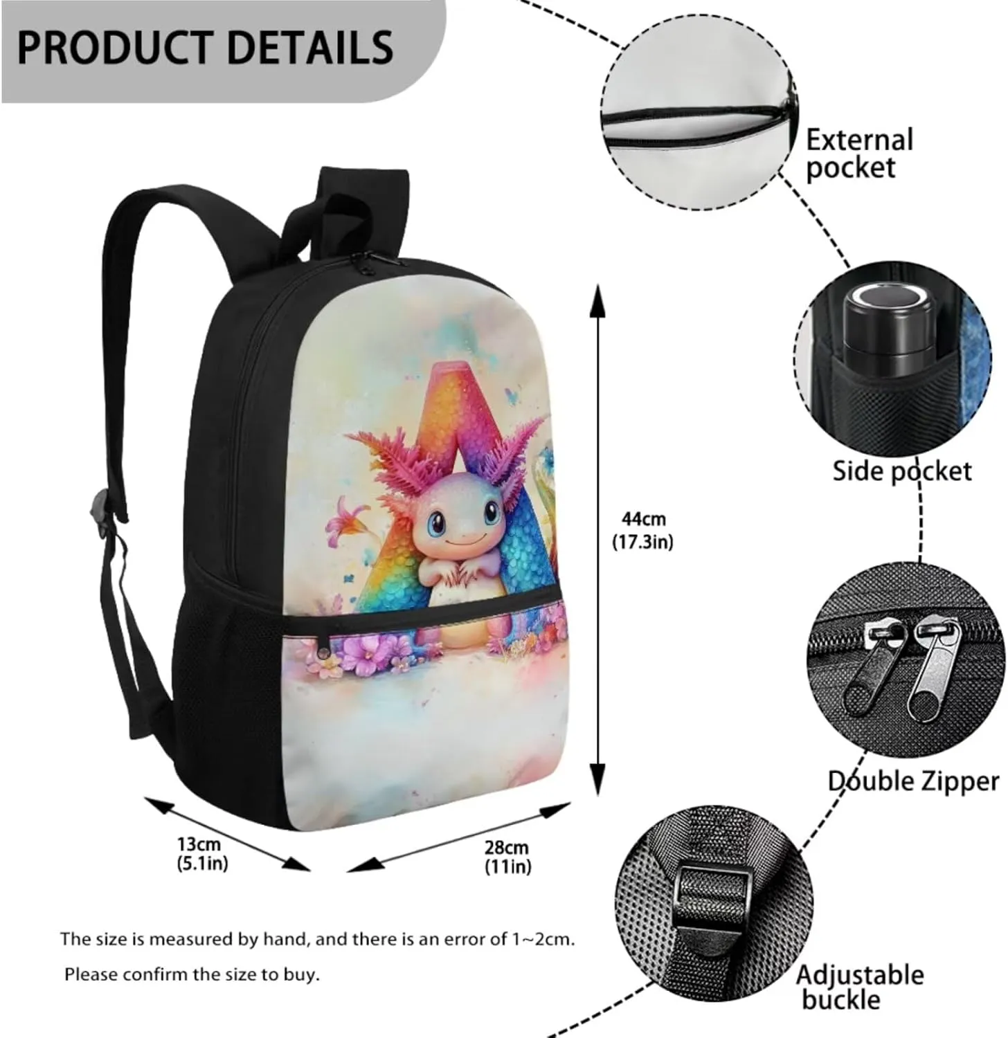 Axolotl Backpack for Kindergarten Girls Letter Bookbag for Girls with Lunch Box Cute Schoolbag Bag Pack Back to School Daycare Rucksack Satchel