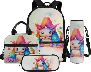 Axolotl Backpack for Kindergarten Girls Letter Bookbag for Girls with Lunch Box Cute Schoolbag Bag Pack Back to School Daycare Rucksack Satchel