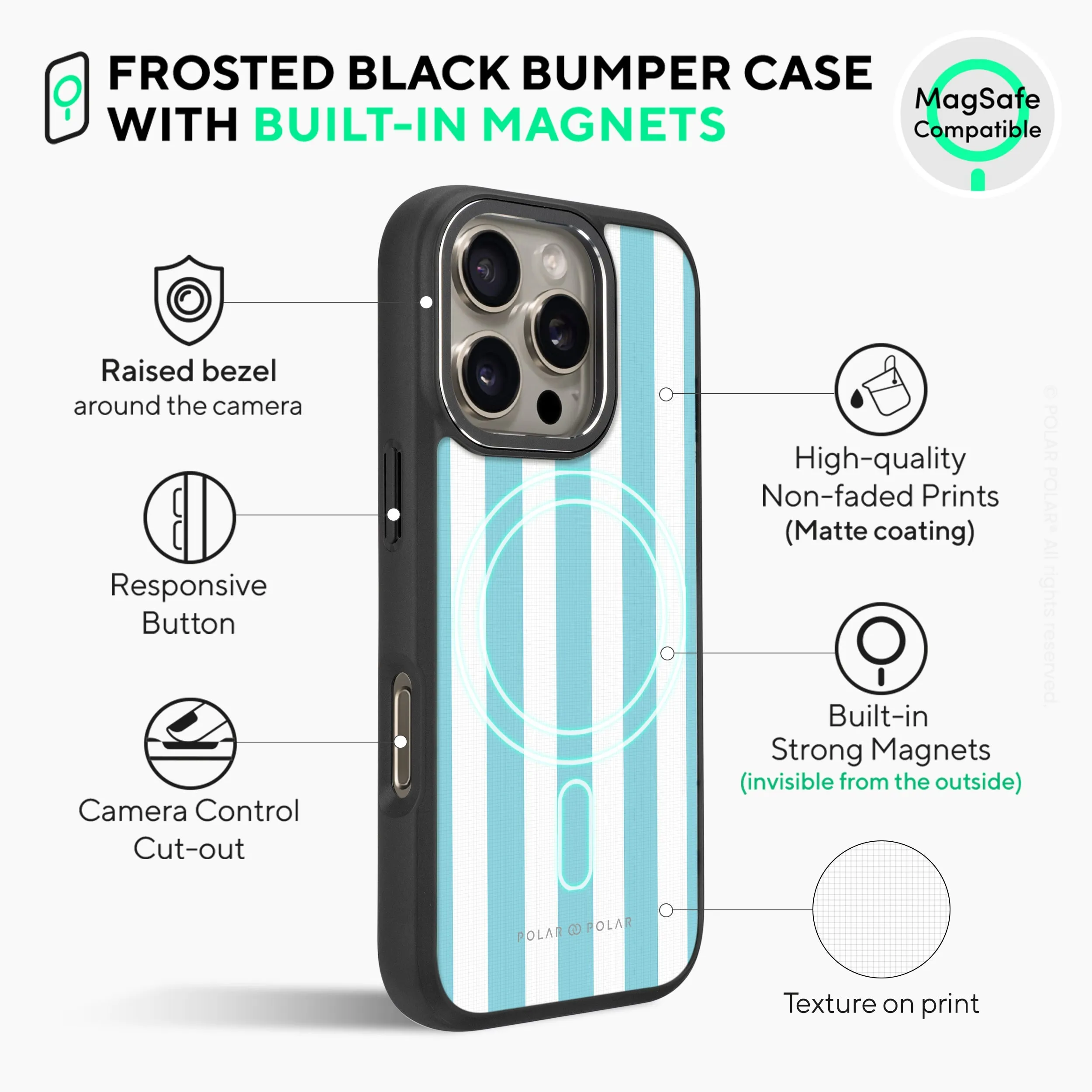 Baby Blue Stripe - iPhone 16 Pro Max Frosted Black Bumper MagSafe Case