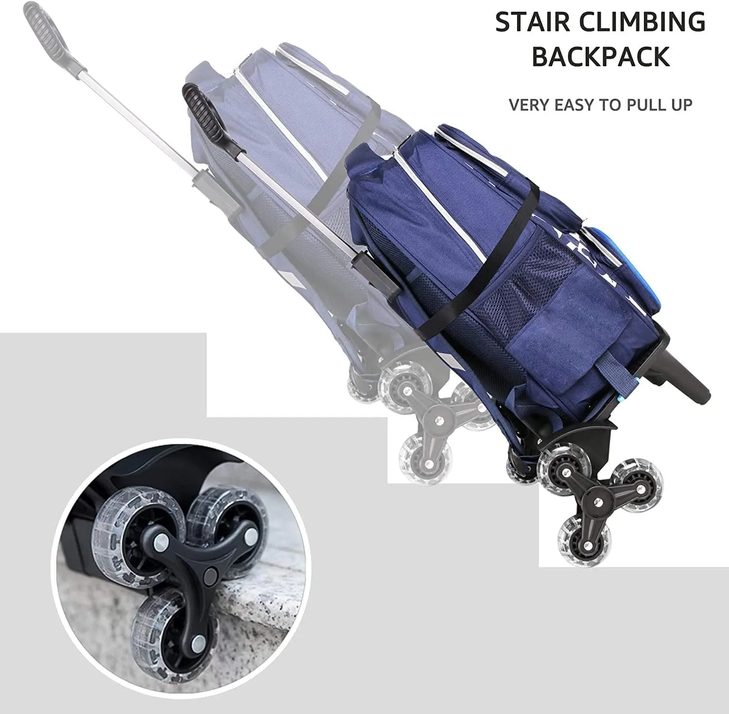 Backpack Trolley, Wheeled Trolley Aluminium Alloy Foldable Hand Cart with Border Base 6 Wheels Rolling Luggage Carts for Kids Teens Adult School Travel (6 Wheels with Edge Guard)