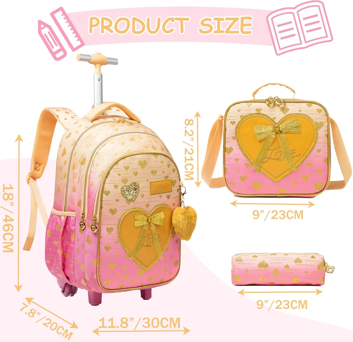 Backpack with Wheels for Kids Travel Roller Wheeled Bookbag Rolling Backpack for Girls School Elementary Student Schoolbag Kids Backpack with Lunch Box