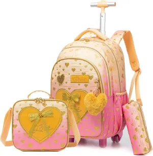 Backpack with Wheels for Kids Travel Roller Wheeled Bookbag Rolling Backpack for Girls School Elementary Student Schoolbag Kids Backpack with Lunch Box