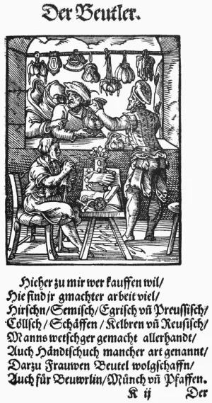 Bag Makers 1568 Nthe Making And Selling Of Leather Bags Pouches Purses And Gloves Woodcut 1568 By Jost Amman Poster Print by (24 x 36)