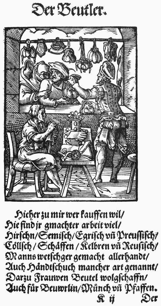 Bag Makers 1568 Nthe Making And Selling Of Leather Bags Pouches Purses And Gloves Woodcut 1568 By Jost Amman Poster Print by (24 x 36)