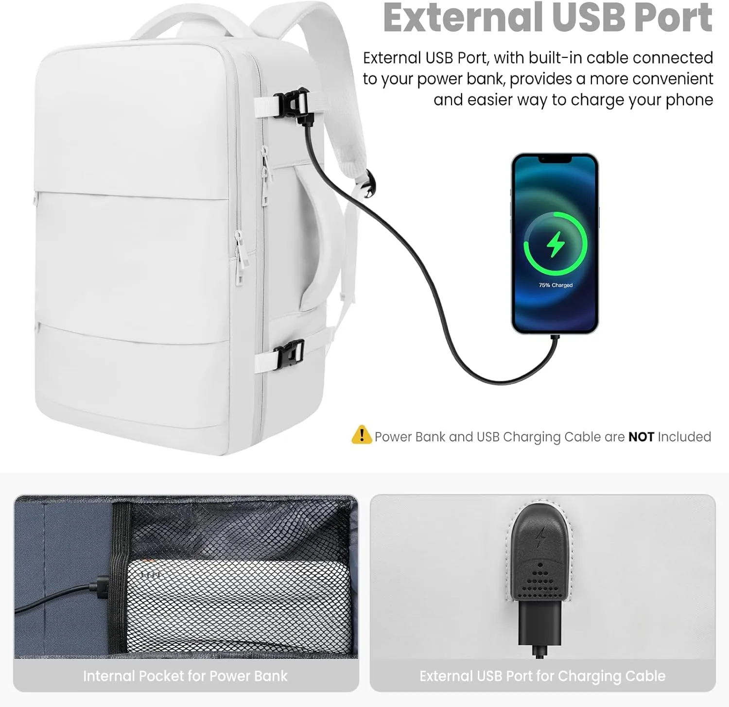 BAGAIL Travel Laptop Backpack, Carry on with USB Port, Luggage Bag for Holiday-White
