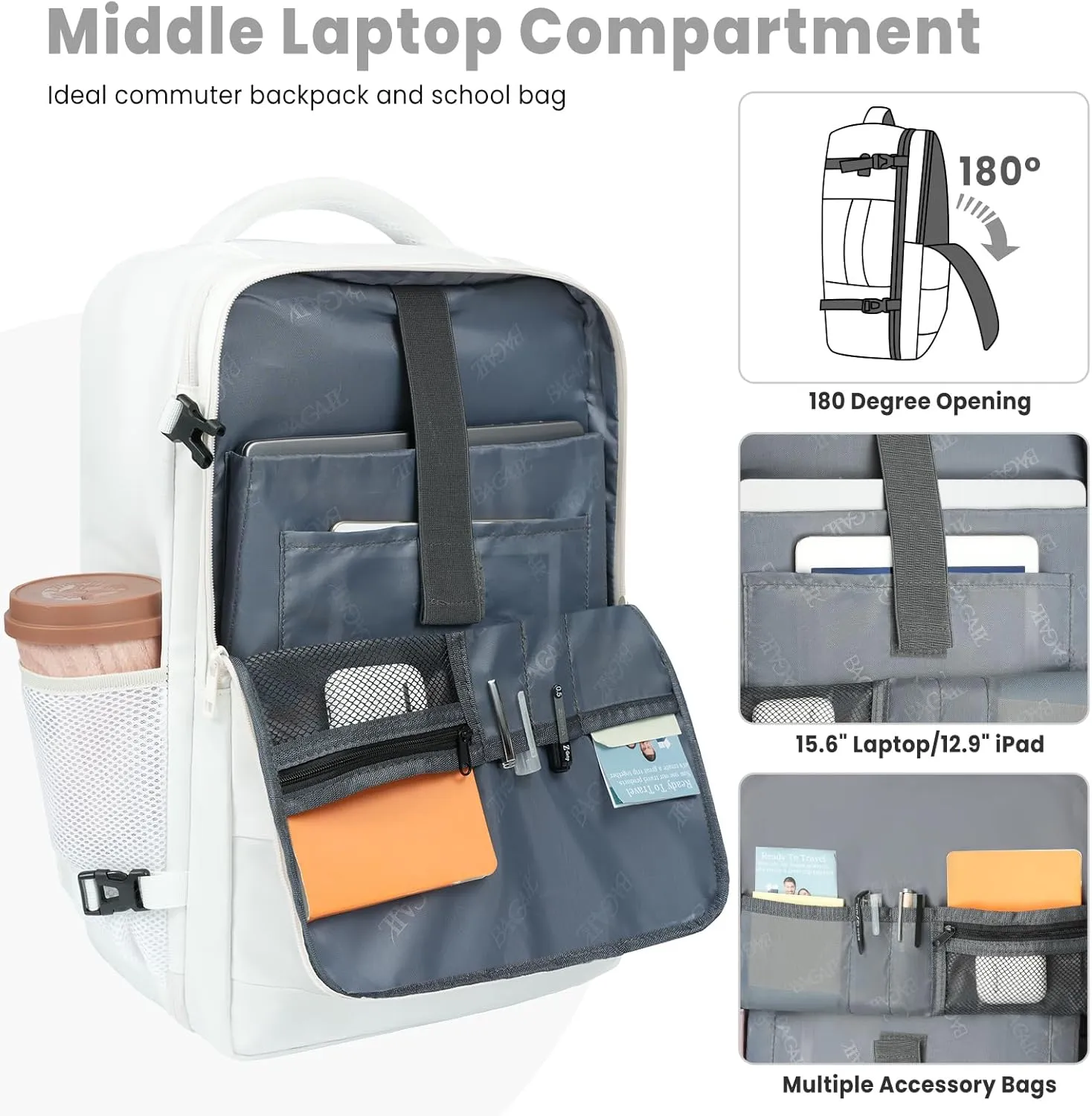 BAGAIL Travel Laptop Backpack, Carry on with USB Port, Luggage Bag for Holiday-White