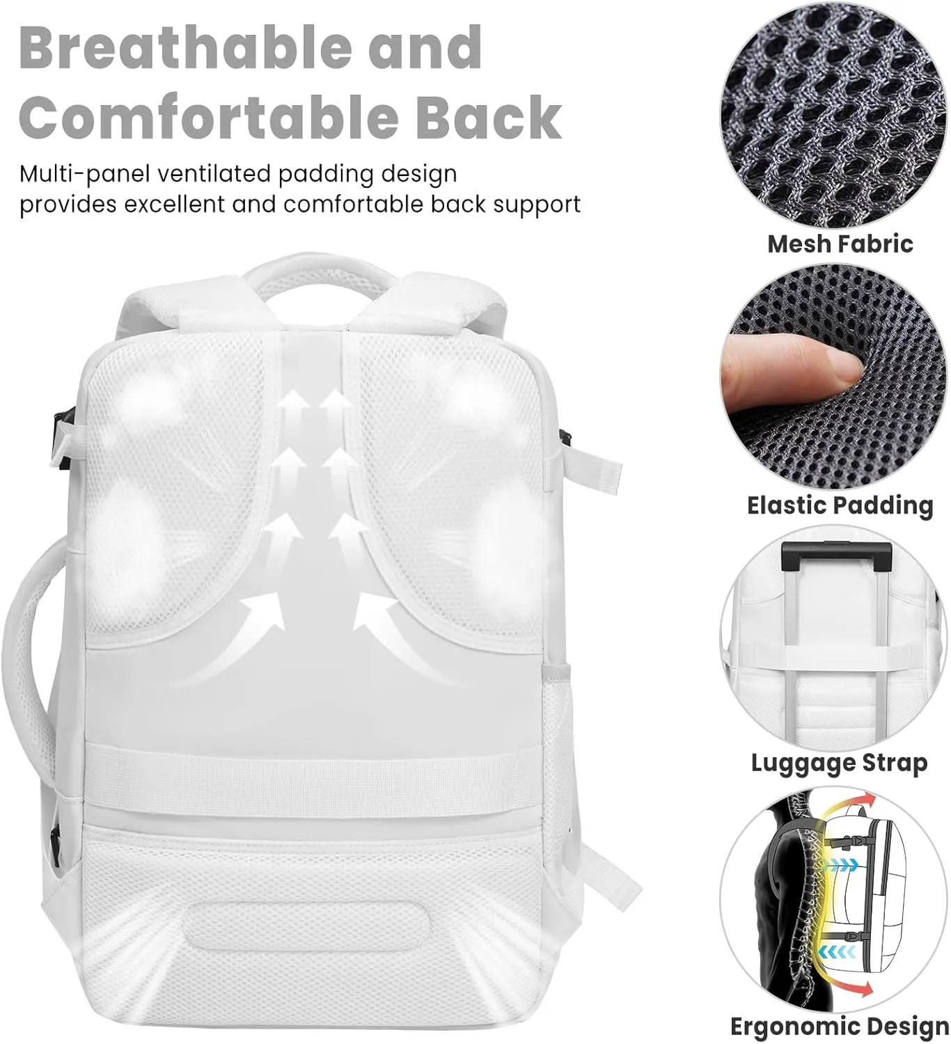 BAGAIL Travel Laptop Backpack, Carry on with USB Port, Luggage Bag for Holiday-White