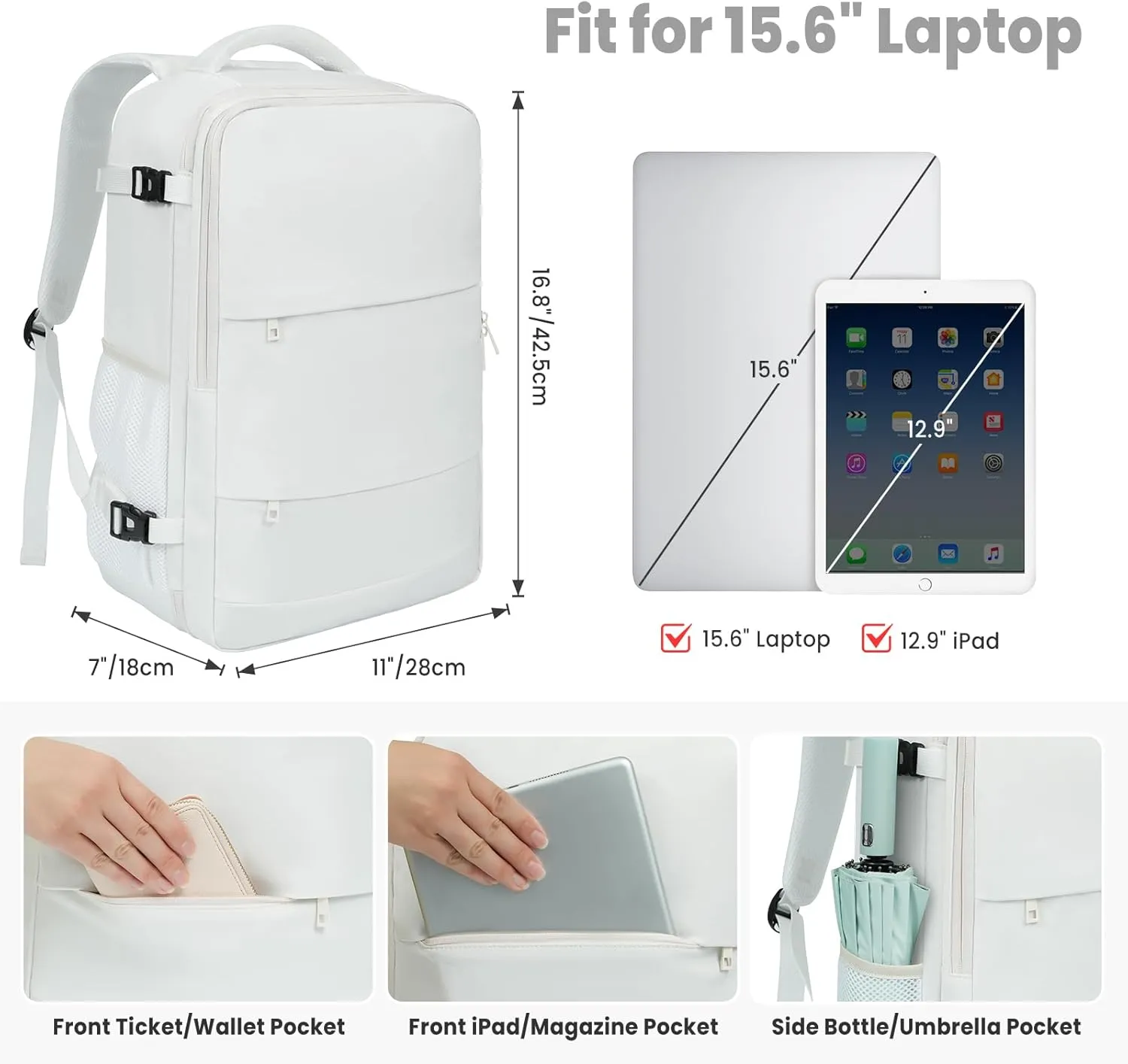 BAGAIL Travel Laptop Backpack, Carry on with USB Port, Luggage Bag for Holiday-White