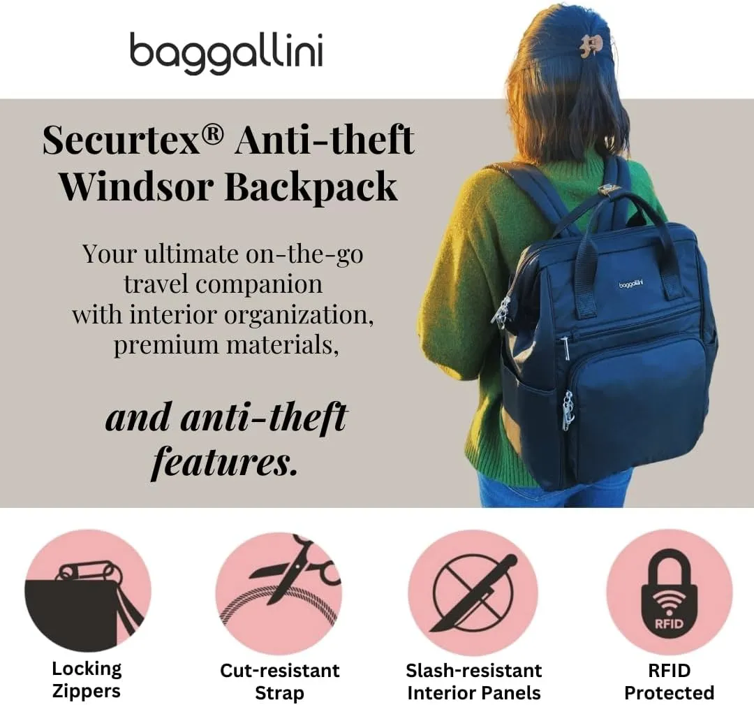 Baggallini Securtex Anti-Theft Windsor Backpack for Travel, Work & Collage, RFID & Locking Zipper, Up to 16" Laptop