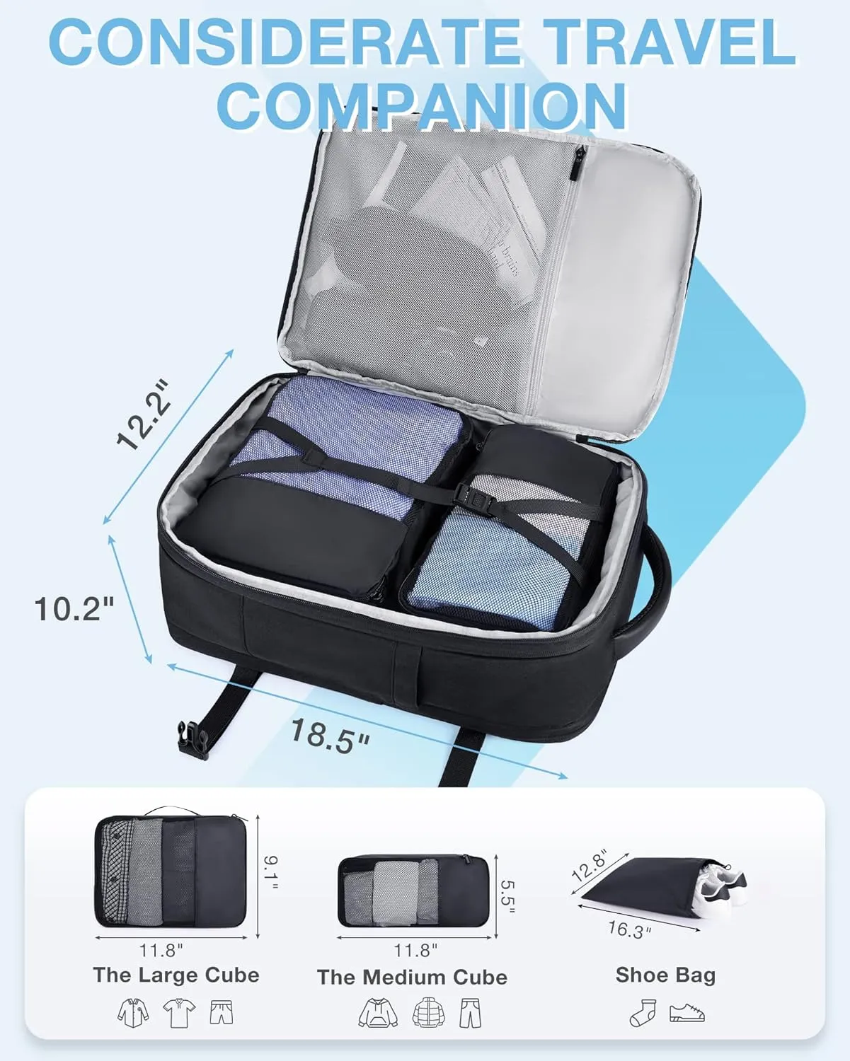 BAGSMART 40L Black Travel Laptop Backpack with Packing Cubes and Shoe Bag