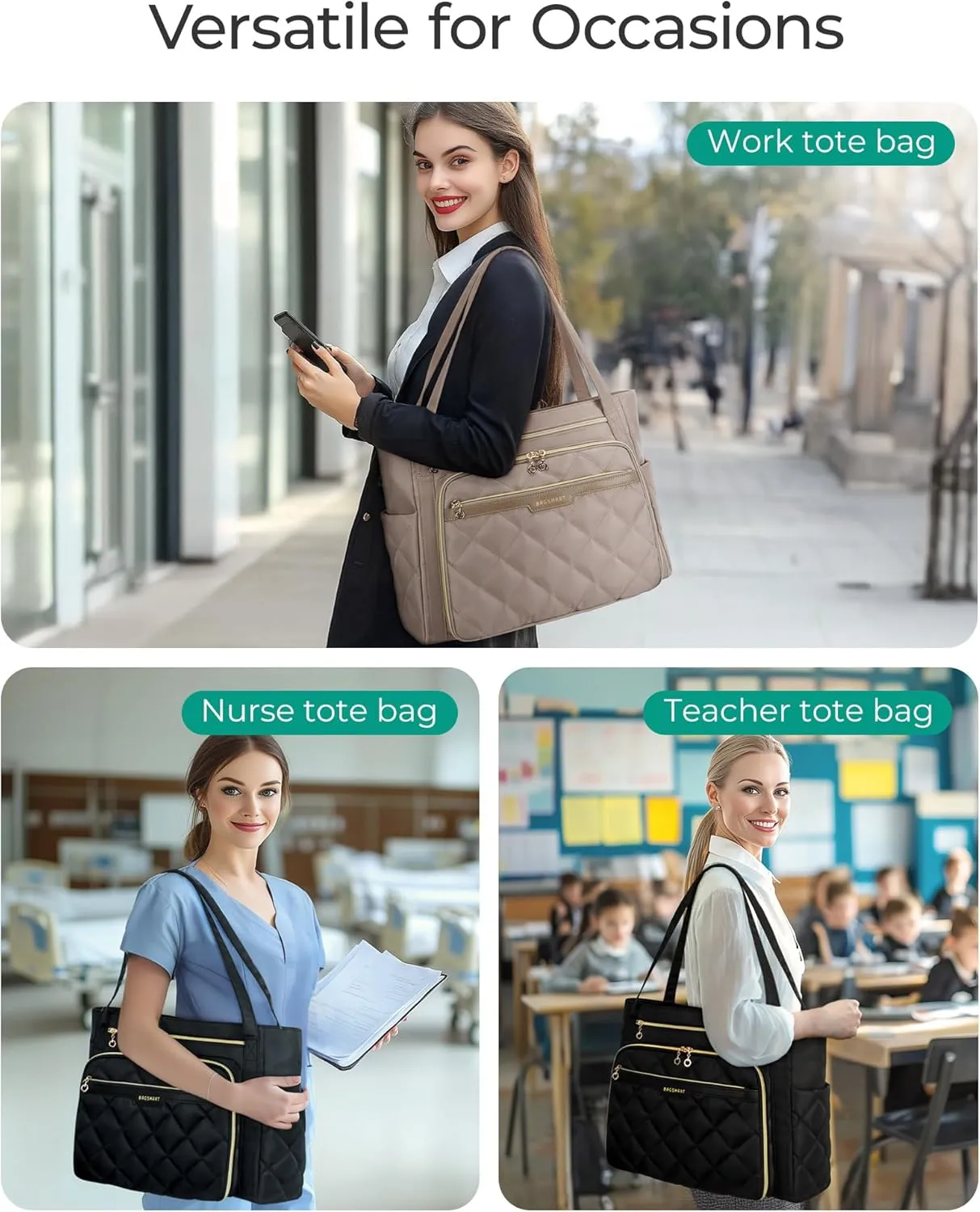 BAGSMART Teacher Tote Bag for Women 15.6in Quilted with Insulated Pocket & Nurse Bag Features (Brown)