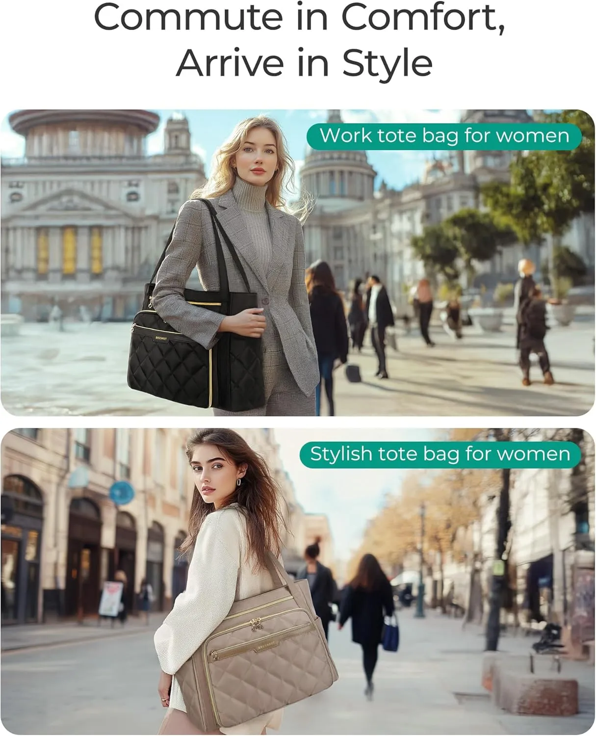 BAGSMART Teacher Tote Bag for Women 15.6in Quilted with Insulated Pocket & Nurse Bag Features (Brown)