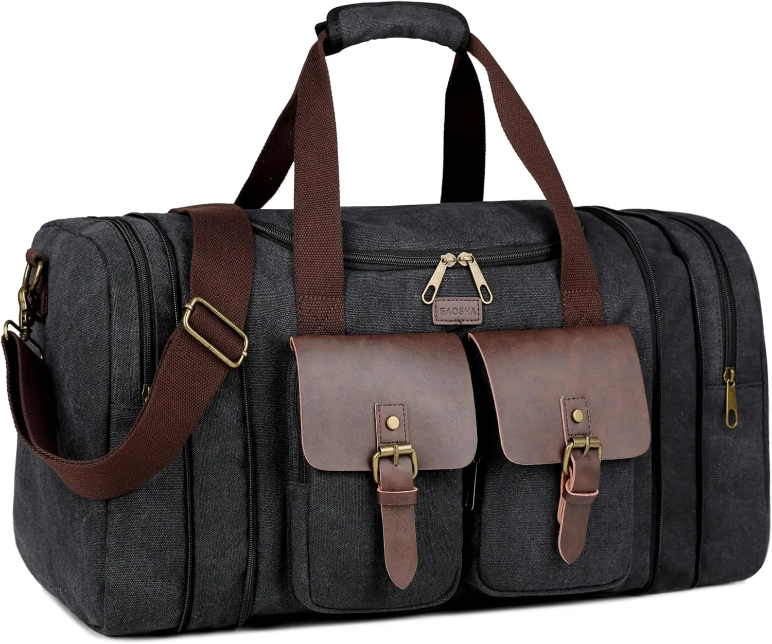 BAOSHA Large 45L Canvas Travel Duffle bag Weekender overnight Bag Carry on bag Expandable for Men HB-23 (Light Black)
