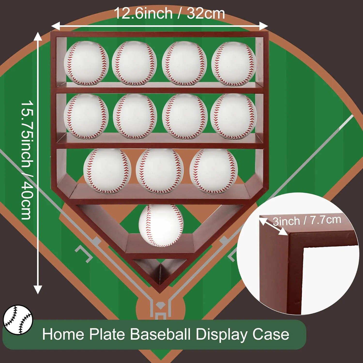 Baseball Display Case & Holder for 12 Balls - Cherry Wooden Shelves | Autographed Baseball Collector Case, Sports Memorabilia Display