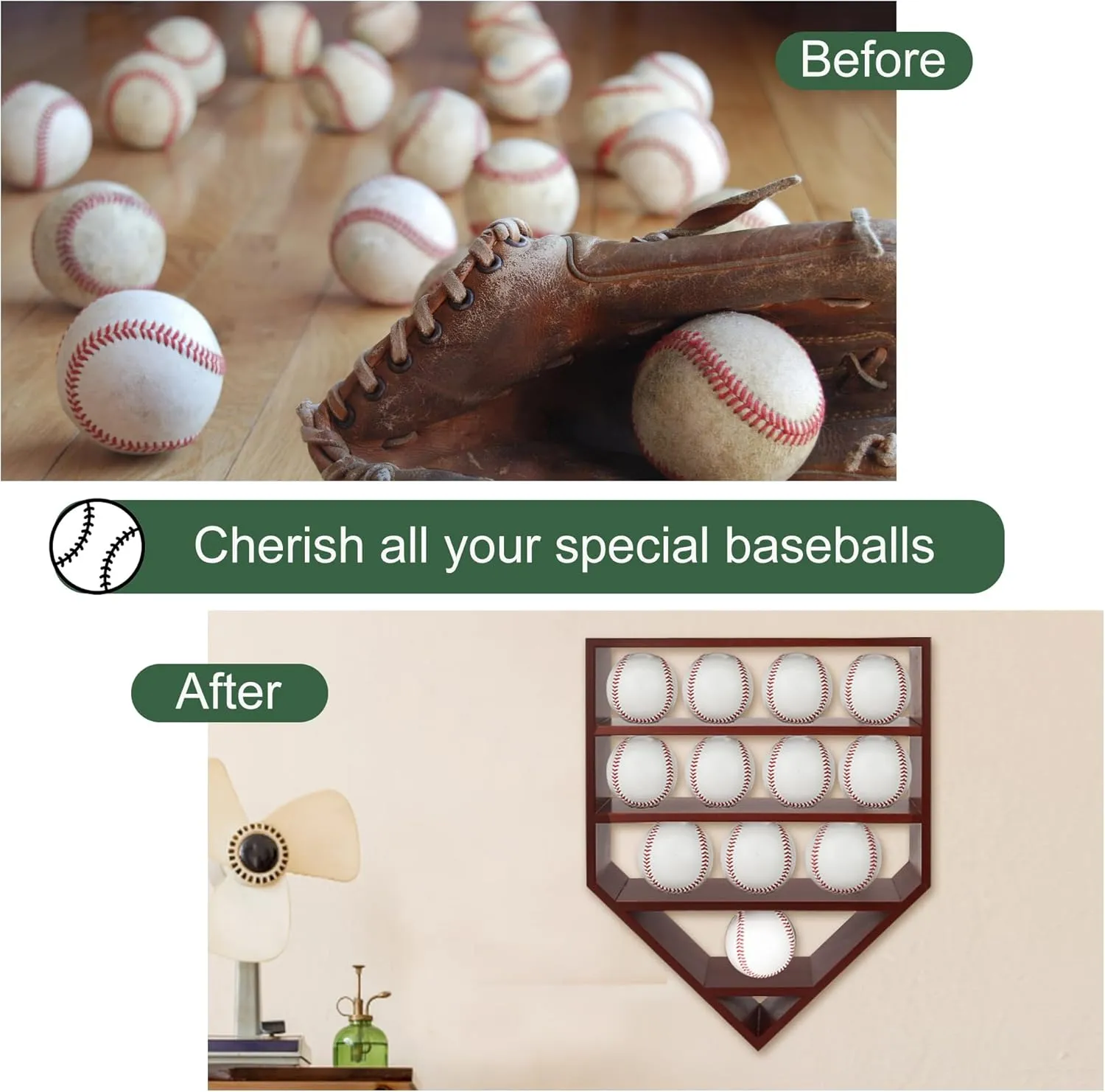 Baseball Display Case & Holder for 12 Balls - Cherry Wooden Shelves | Autographed Baseball Collector Case, Sports Memorabilia Display