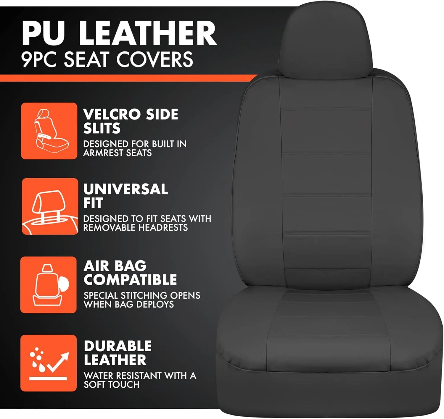 BDK 9-Piece Black Leather Car Seat Cover Full Set, Front Seat Cover and Rear Bench Seat Cover, Universal Fit Car Seat Covers for Cars Trucks SUVs Vans, Complete Full Coverage Protection for Vehicles