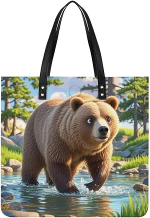 Bear Crossing The River Tote Bag Leather Handbag Shopper Purse Shoulder Bag for Women Office Laptop Bag Gift