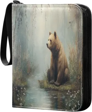 Bear Vintage Oil Painting Cards Binder 4 Pocket Fits 400 Cards with 50 Removable Sleevesves, Trading Card Collector Zipper Album Holder Portable Card Games Display Storage Cases