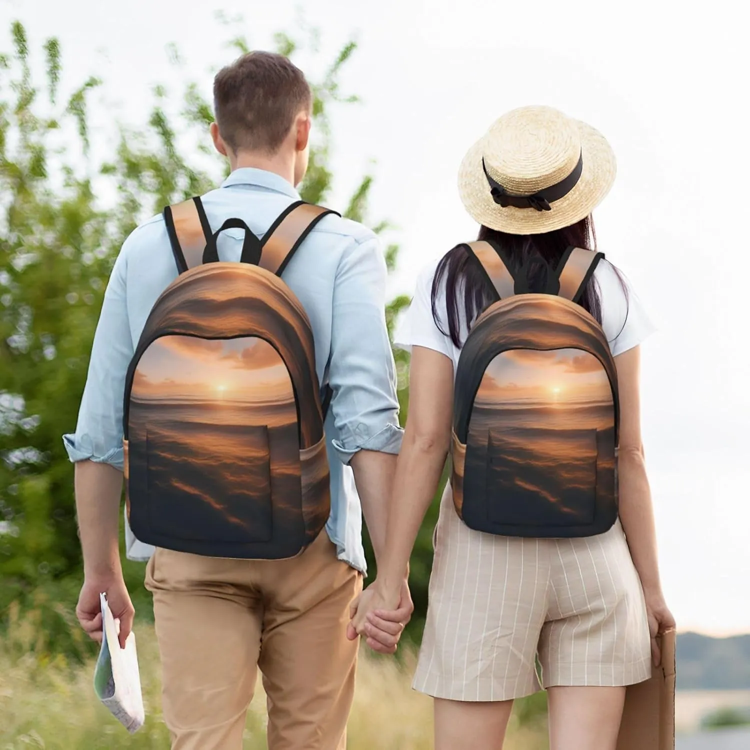 Beautiful Sunrise Ocean Print Stylish Canvas Backpack,Travel Backpack With Pockets,For Hiking And Daily Use