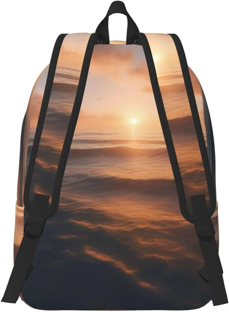 Beautiful Sunrise Ocean Print Stylish Canvas Backpack,Travel Backpack With Pockets,For Hiking And Daily Use
