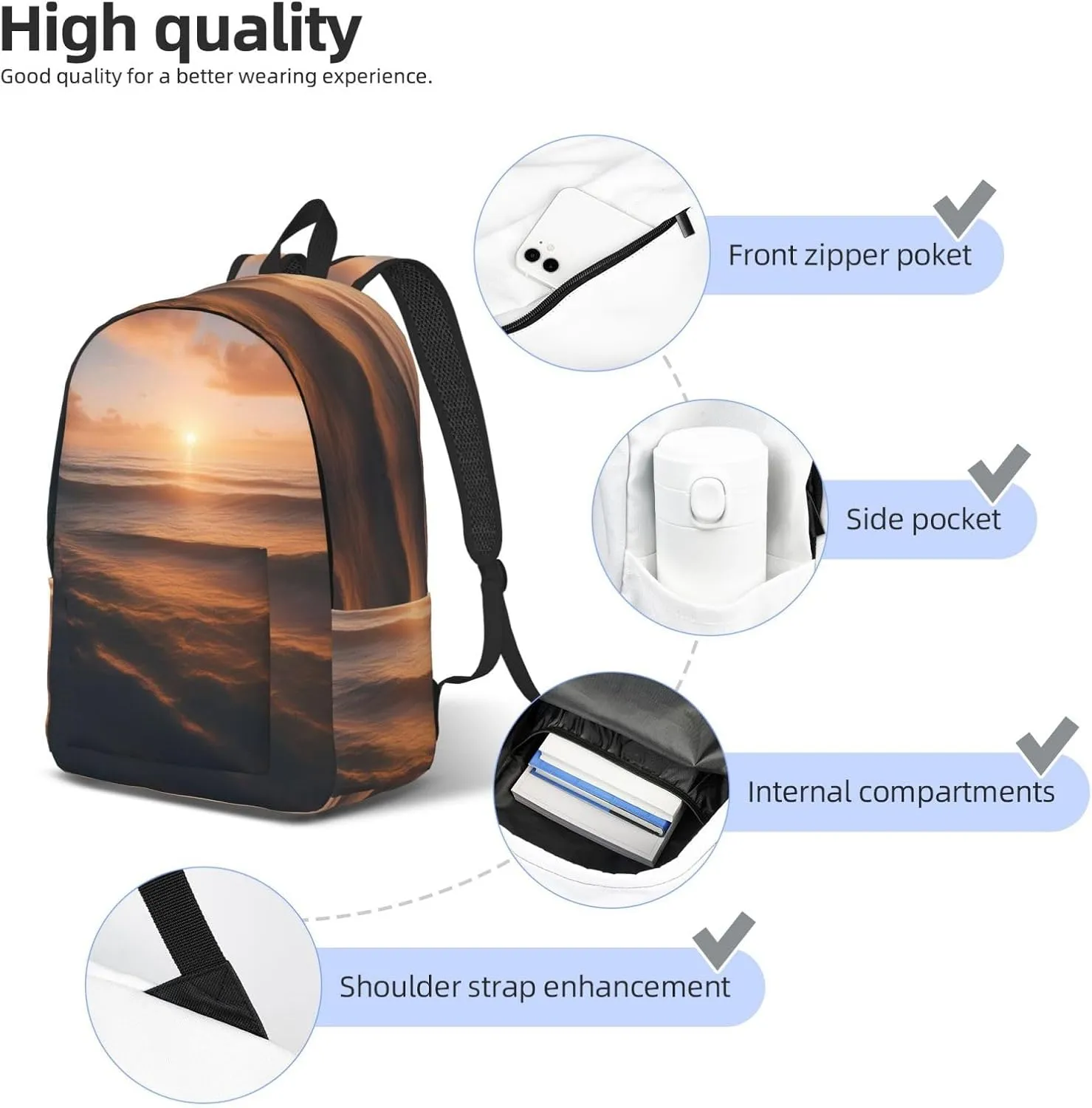 Beautiful Sunrise Ocean Print Stylish Canvas Backpack,Travel Backpack With Pockets,For Hiking And Daily Use