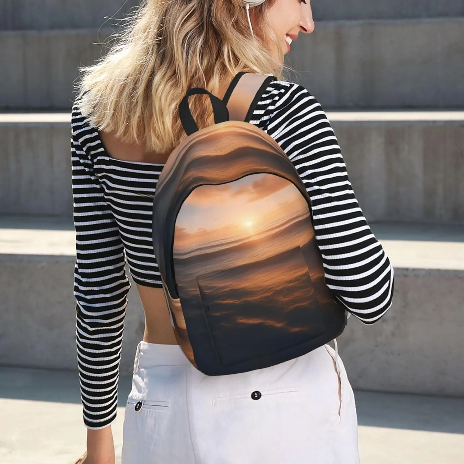 Beautiful Sunrise Ocean Print Stylish Canvas Backpack,Travel Backpack With Pockets,For Hiking And Daily Use