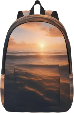 Beautiful Sunrise Ocean Print Stylish Canvas Backpack,Travel Backpack With Pockets,For Hiking And Daily Use