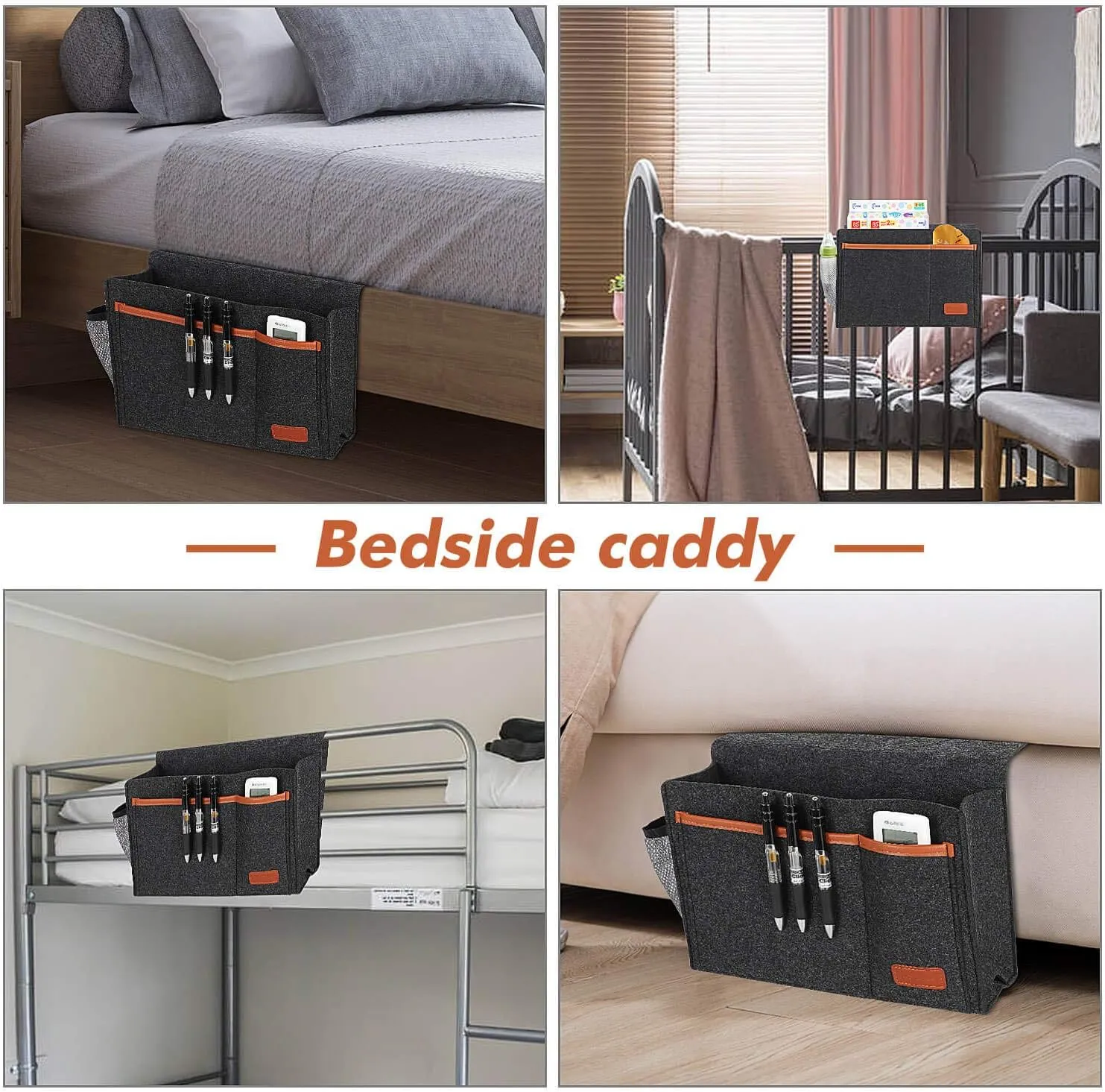 Bedside Caddy, Bed Storage Organizer for Remote Controller, Books, Magzine, Laptop Holder, 12.4'' x 8.6'' inch Bedside Hanging Felt Storage Bag for Dorm Bed with 5 Pockets, Dark Gray