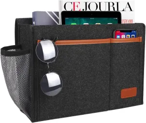 Bedside Caddy, Bed Storage Organizer for Remote Controller, Books, Magzine, Laptop Holder, 12.4'' x 8.6'' inch Bedside Hanging Felt Storage Bag for Dorm Bed with 5 Pockets, Dark Gray