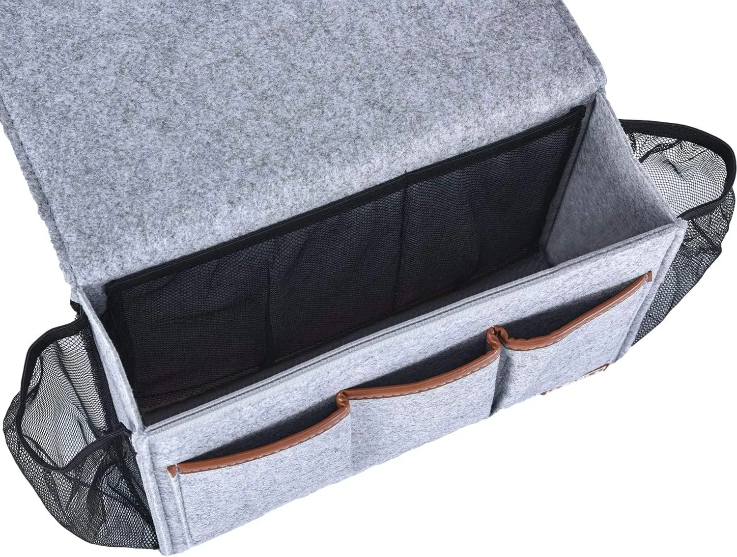Bedside Caddy, Large Size Storage Organizer with 8 Pockets - Perfect for Magazine, Remotes, Phone (13.4'' x 18.1'', Light Grey)